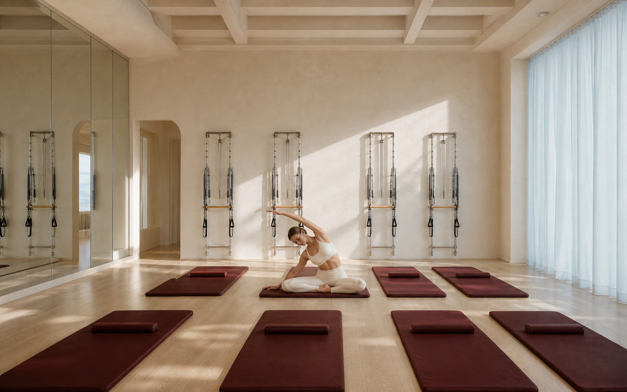Studio de Pilates au sol KERA avec tours murales, miroirs et lumière matinale chaleureuse